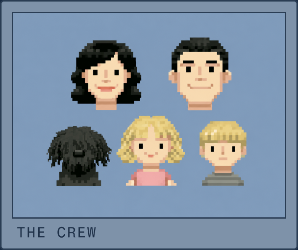 A pixel-art family portrait captioned THE CREW.