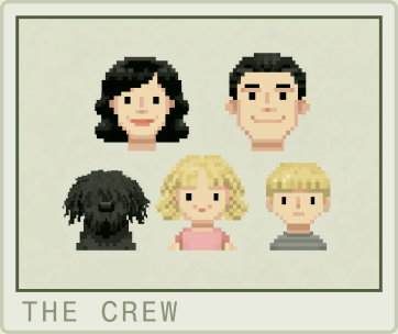 A pixel-art family portrait captioned THE CREW.